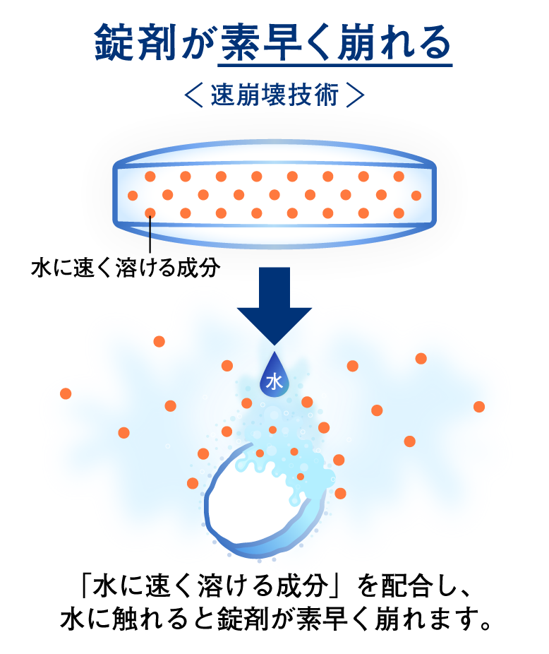 錠剤が素早く崩れる<速崩壊技術> 「水に速く溶ける成分」を配合し、水に触れると錠剤が素早く崩れます。